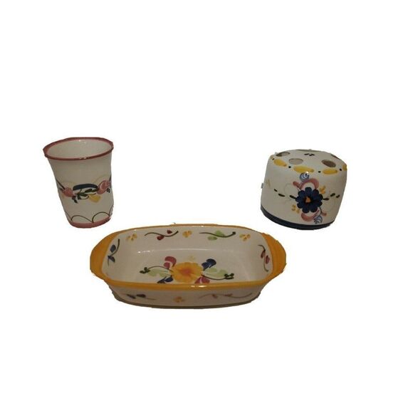Ceramic Bathroom Set Handpainted  Spain Tierra Fina Toothbrush Soap Holder Cup - Picture 1 of 7